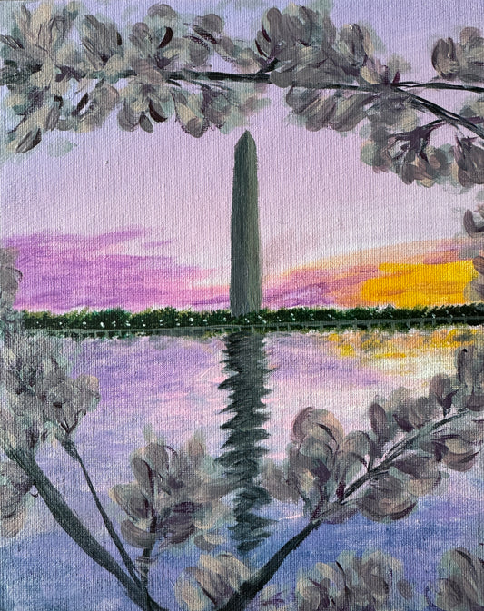 Washington Monument with Cherry Blossoms Evening
